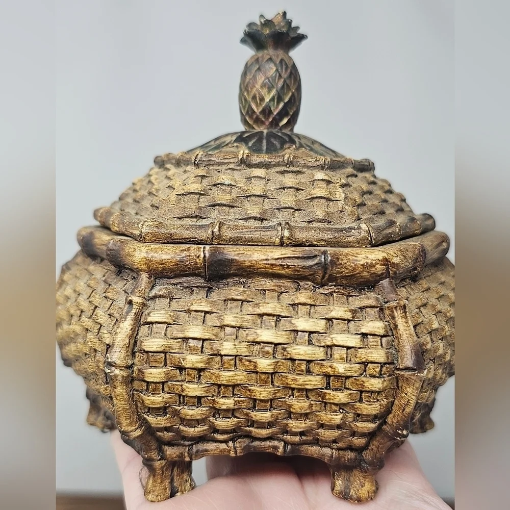 Unique Vintage Trinket Jewelry Box Chinese Style Woven Pineapple Lid Footed